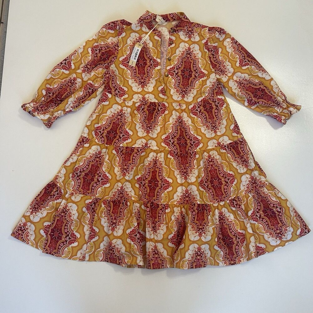 NWT Uncle Frank Geometric Paisley Dress Anthropologie Boho Gold / Pink Size XS